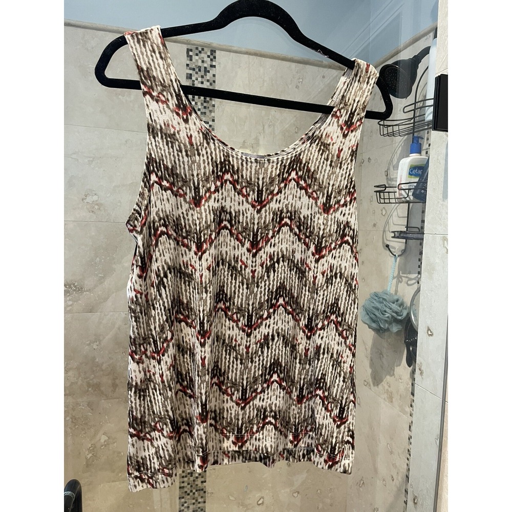 Chico's Travelers Tank Shell Blouse Size 2 Red White Tan Ikat Zigzag Print